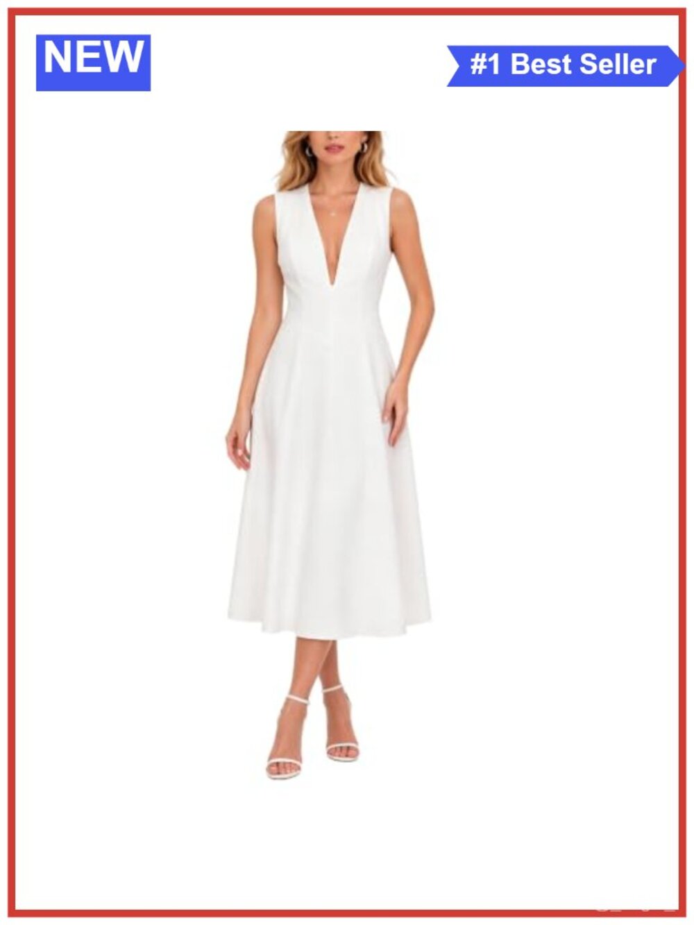 Sleeveless A-Line Midi Dress Deep V-Neck Flowy Cocktail Wedding Guest